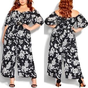 NWT City Chic Mod Floral Off Shoulder Belted jumpsuit Black/White